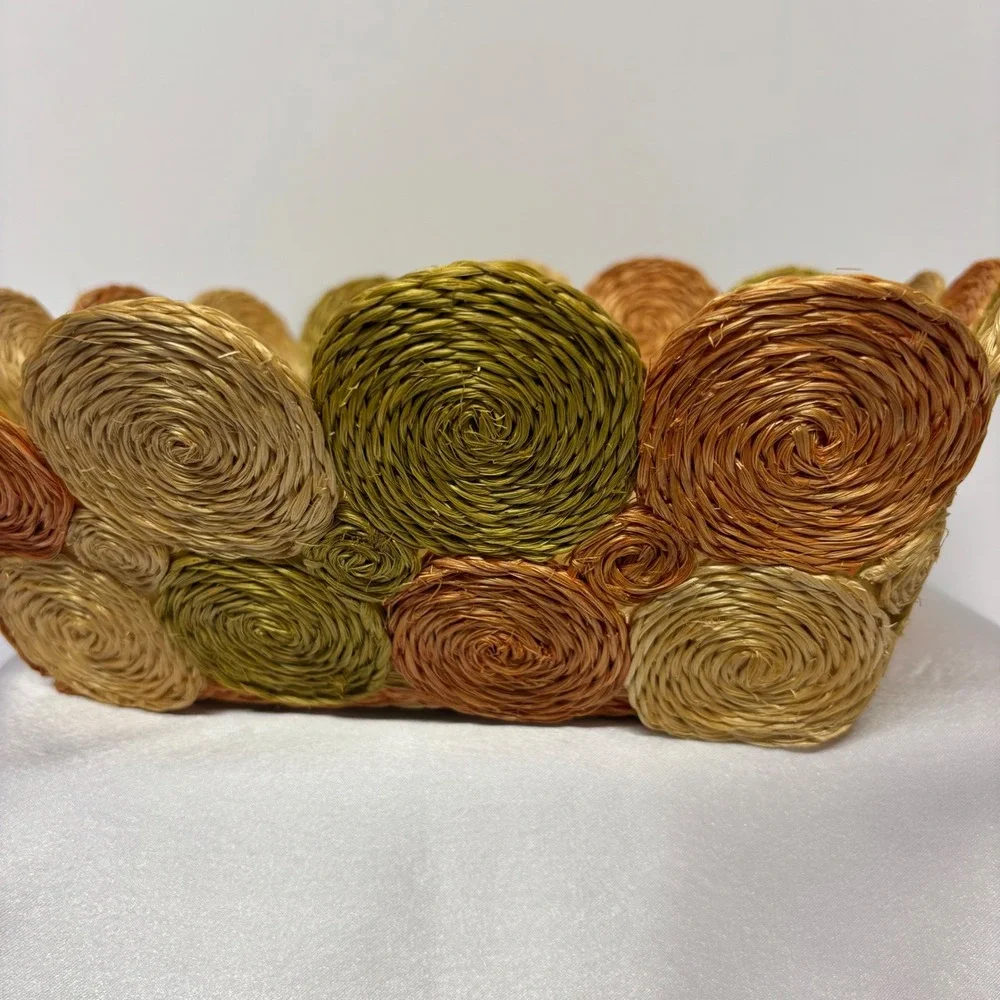 Vintage‎ Raffia Square Tri-Color Storage Basket Woven Orange Green Brown
